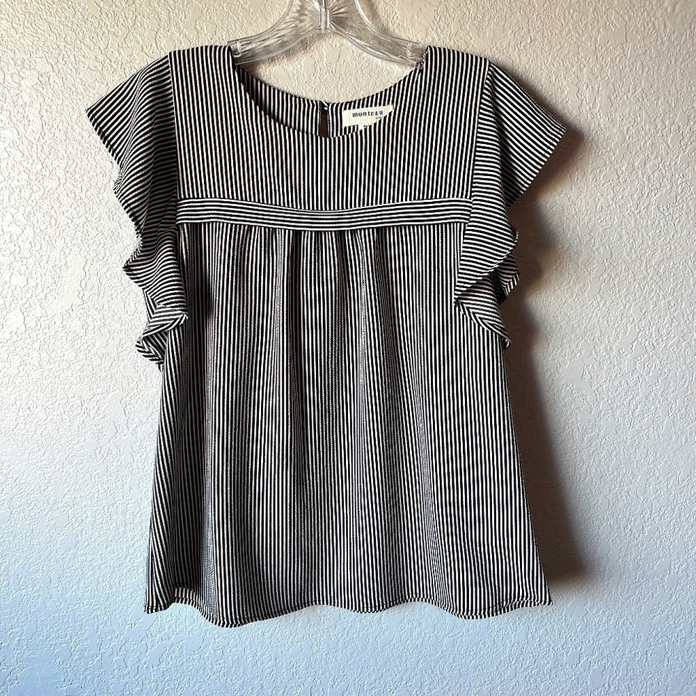 Monteau flutter cap sleeve and pleated front and back